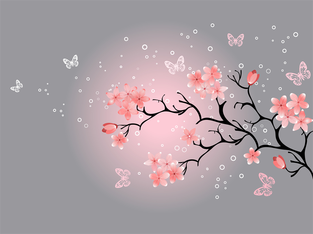 Papier peint des papillons volent au-dessus d'un sakura rose