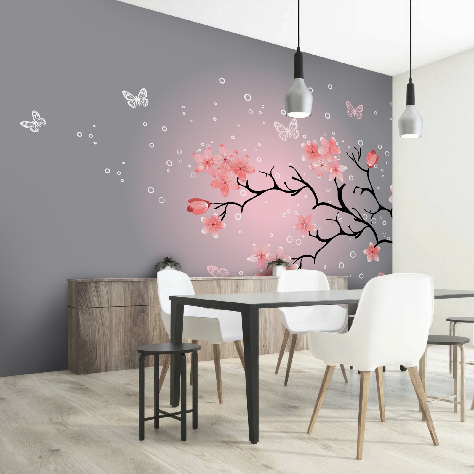 Papier peint des papillons volent au-dessus d'un sakura rose