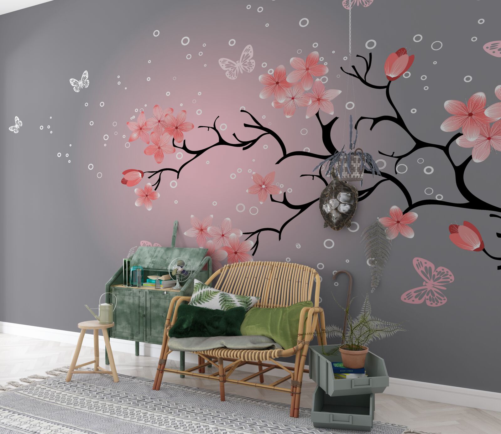 Papier peint des papillons volent au-dessus d'un sakura rose