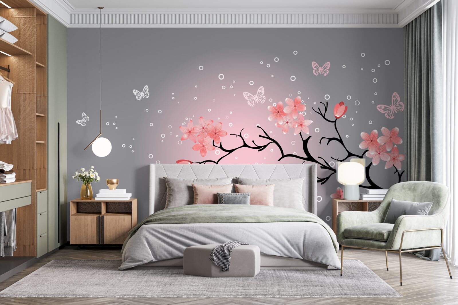 Papier peint des papillons volent au-dessus d'un sakura rose
