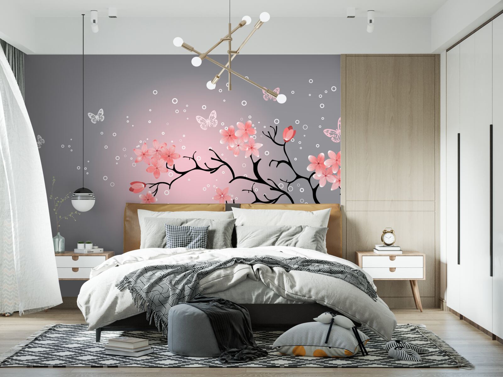 Papier peint des papillons volent au-dessus d'un sakura rose