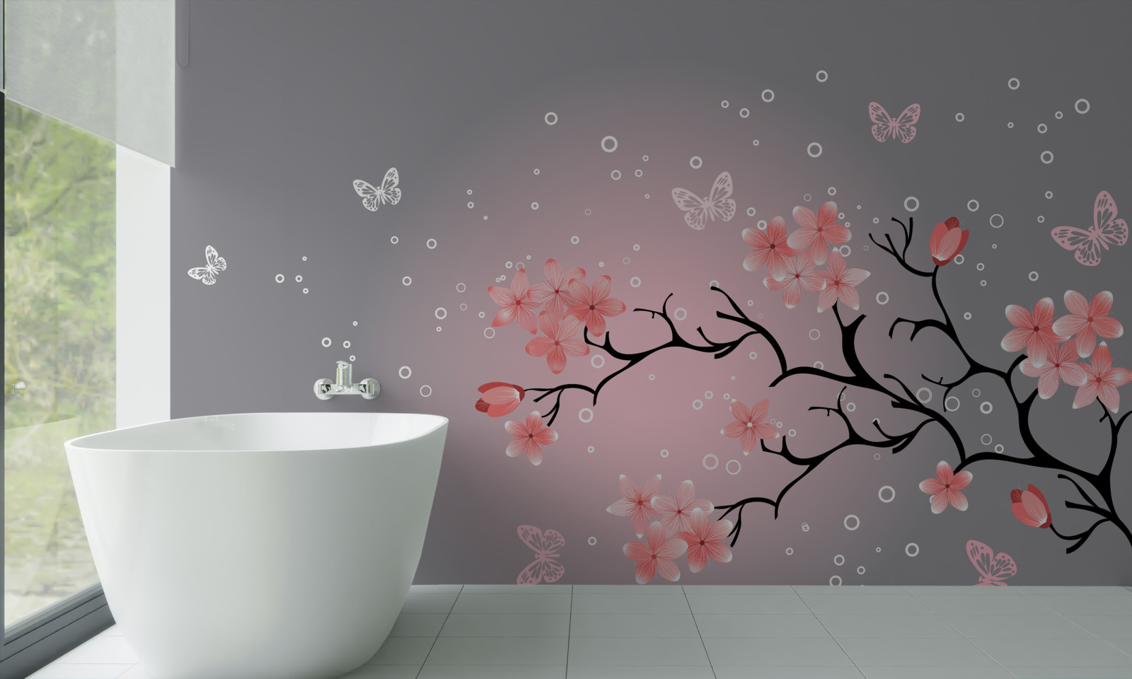 Papier peint des papillons volent au-dessus d'un sakura rose