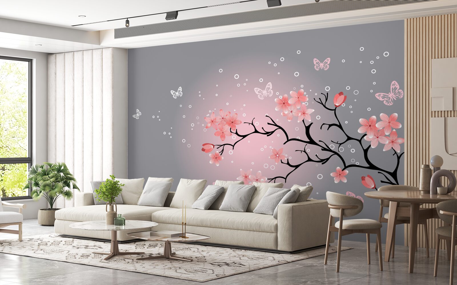 Papier peint des papillons volent au-dessus d'un sakura rose