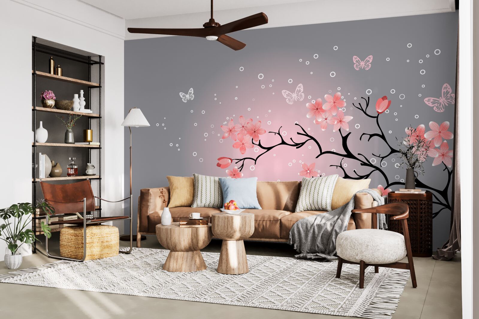 Papier peint des papillons volent au-dessus d'un sakura rose