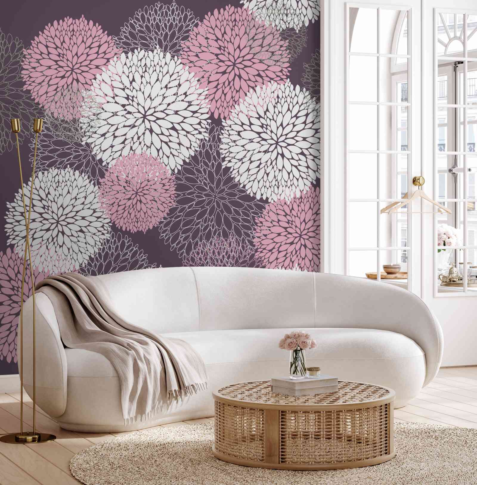 Papier peint Les bourgeons du pissenlit sont de couleur blanche, rose et grise.