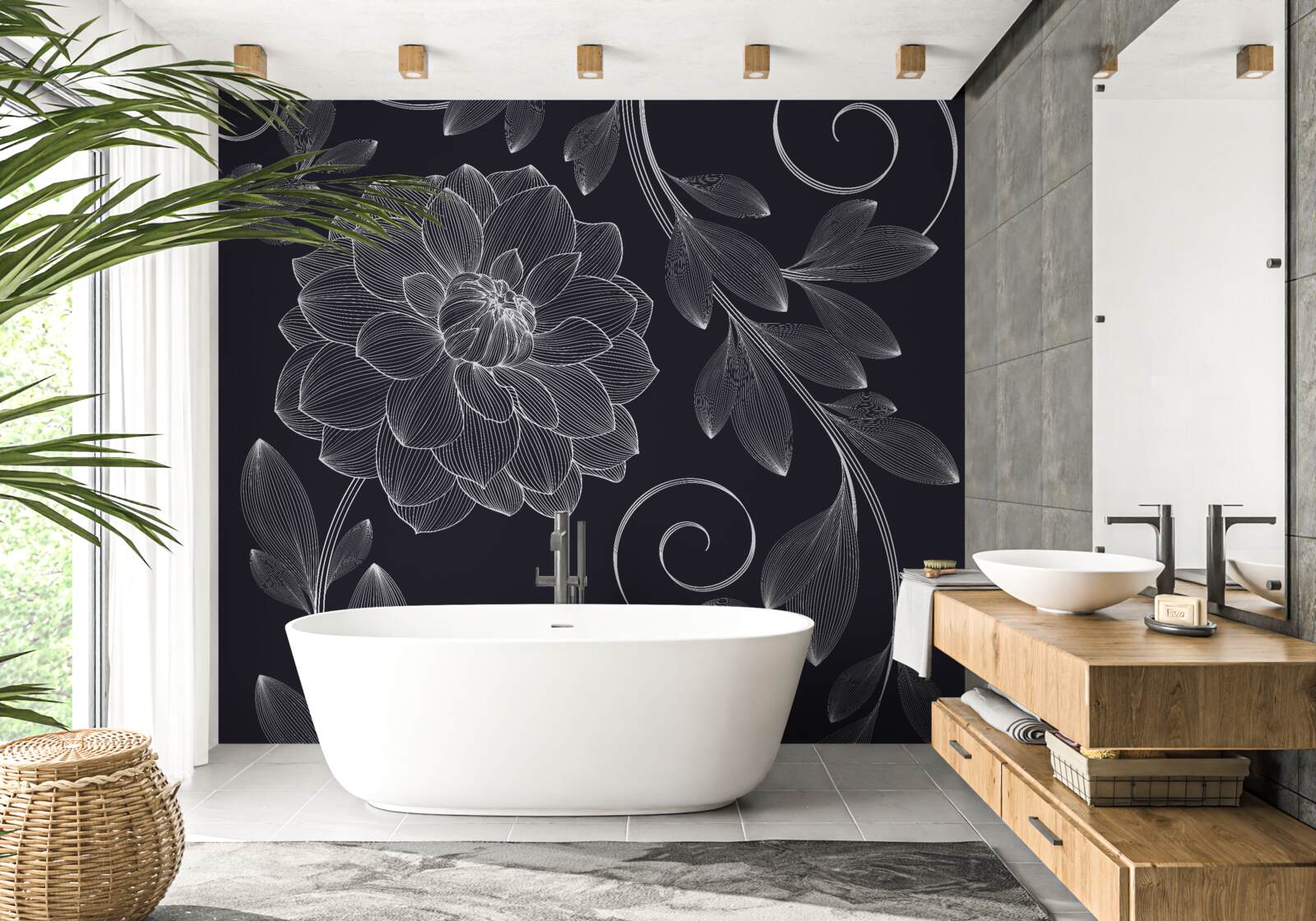 Papier peint bourgeon et feuilles sur fond gris