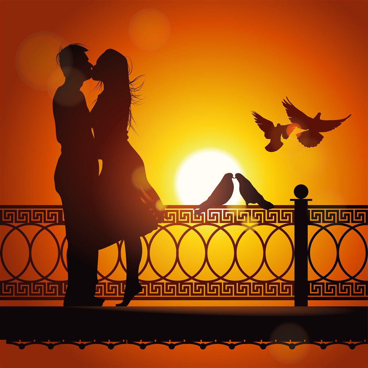 Papier peint deux amoureux sur fond de coucher de soleil et de pigeons en vol