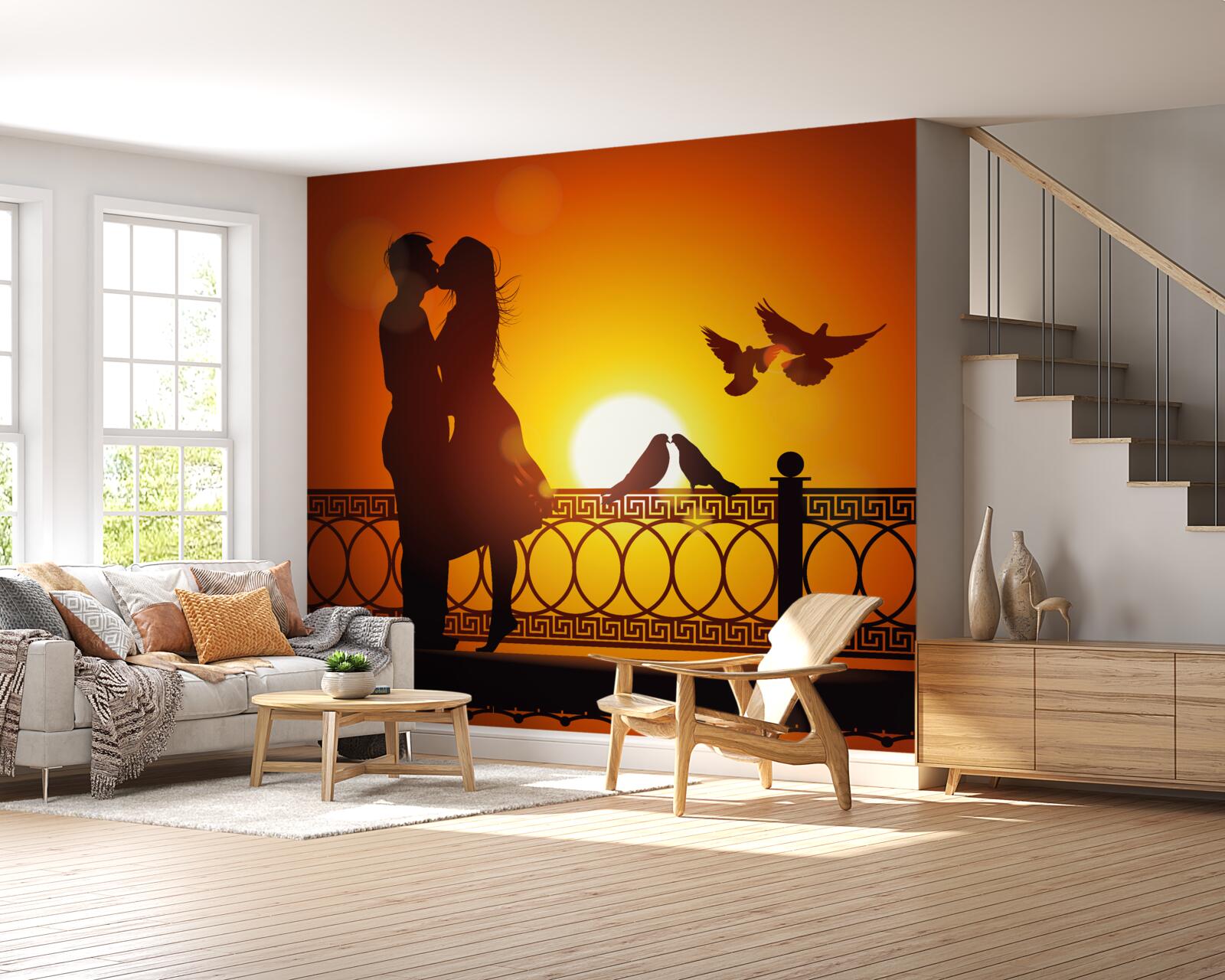 Papier peint deux amoureux sur fond de coucher de soleil et de pigeons en vol