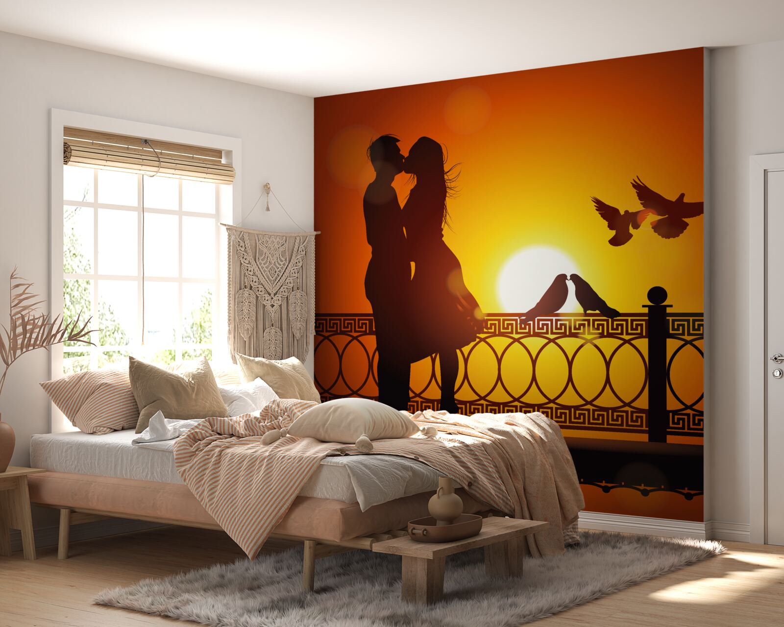 Papier peint deux amoureux sur fond de coucher de soleil et de pigeons en vol