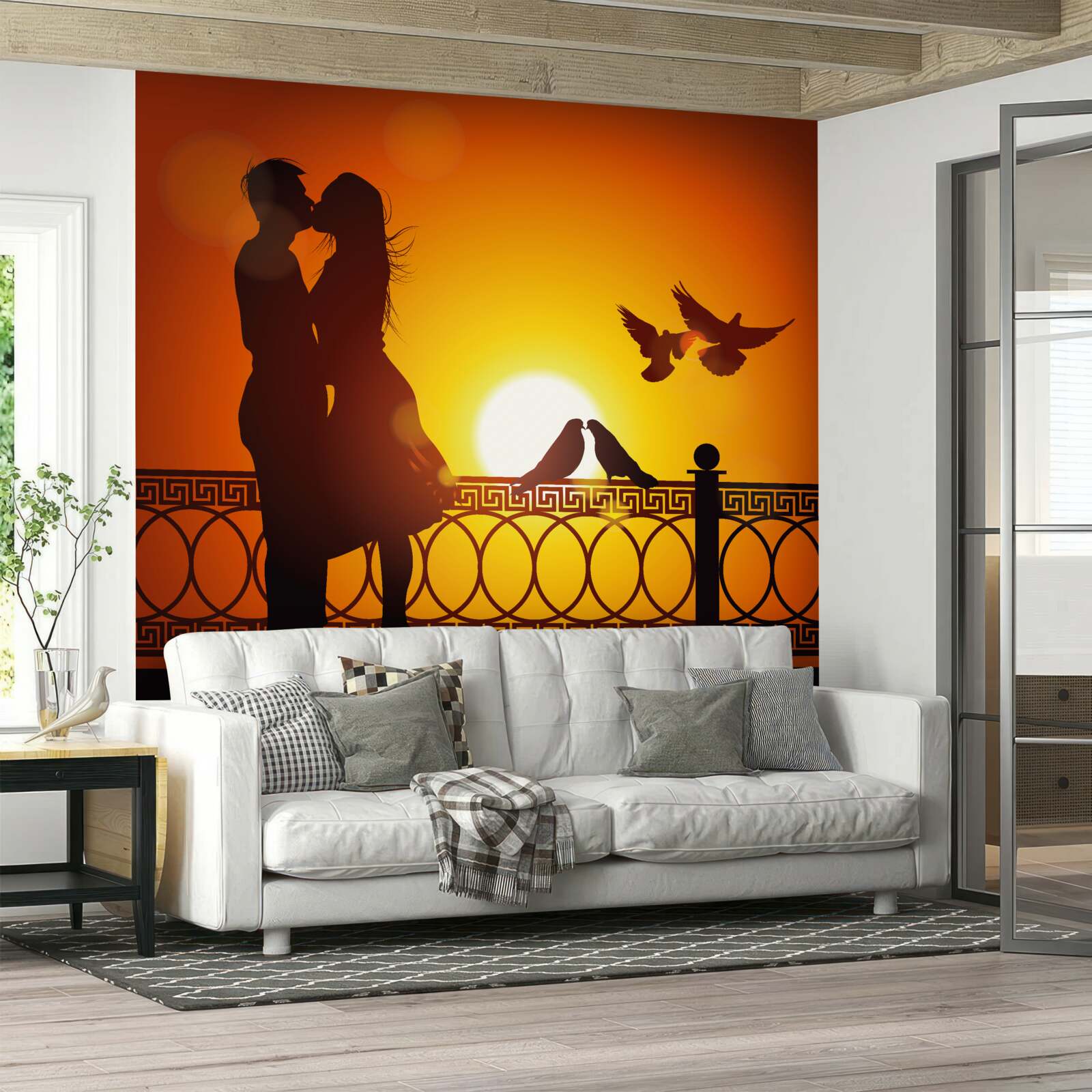 Papier peint deux amoureux sur fond de coucher de soleil et de pigeons en vol