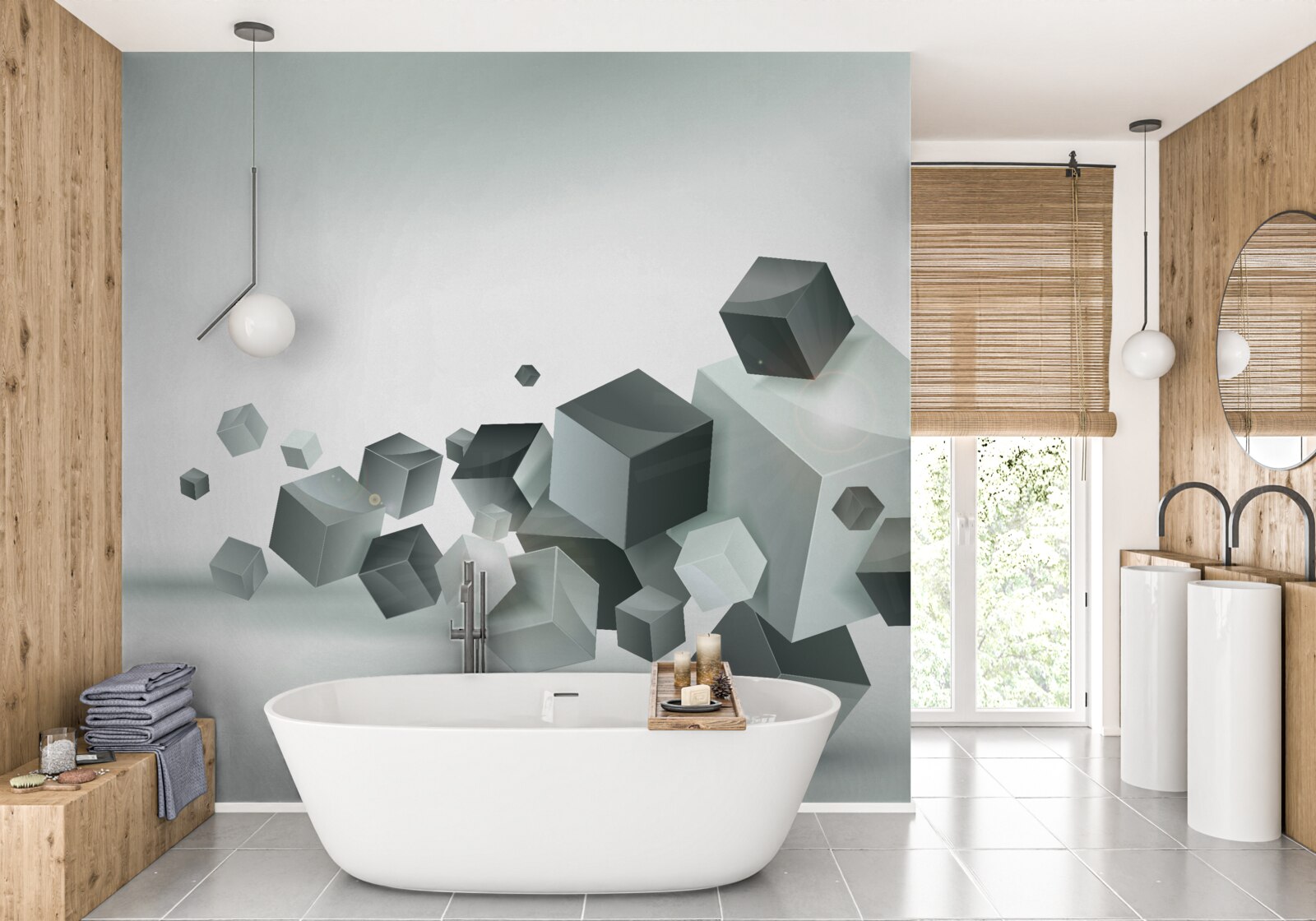 Papier peint des cubes de différentes formes flottant dans l'air