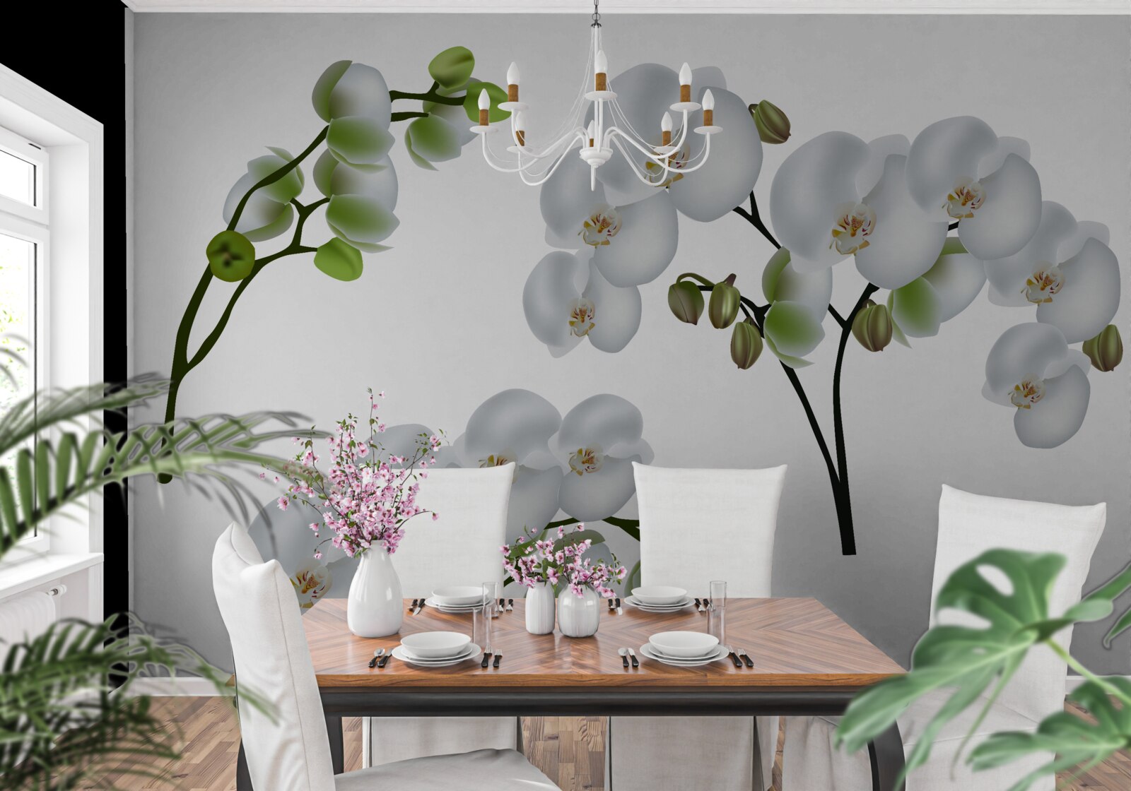 Papier peint orchidée blanche à feuilles vertes