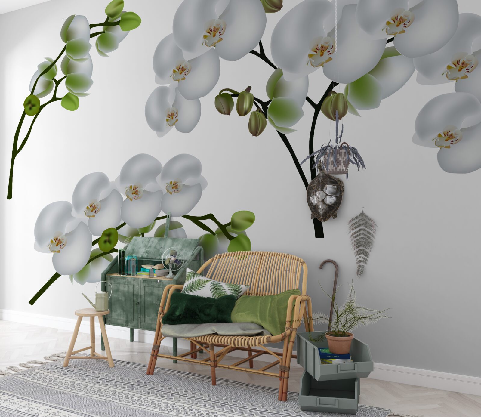 Papier peint orchidée blanche à feuilles vertes