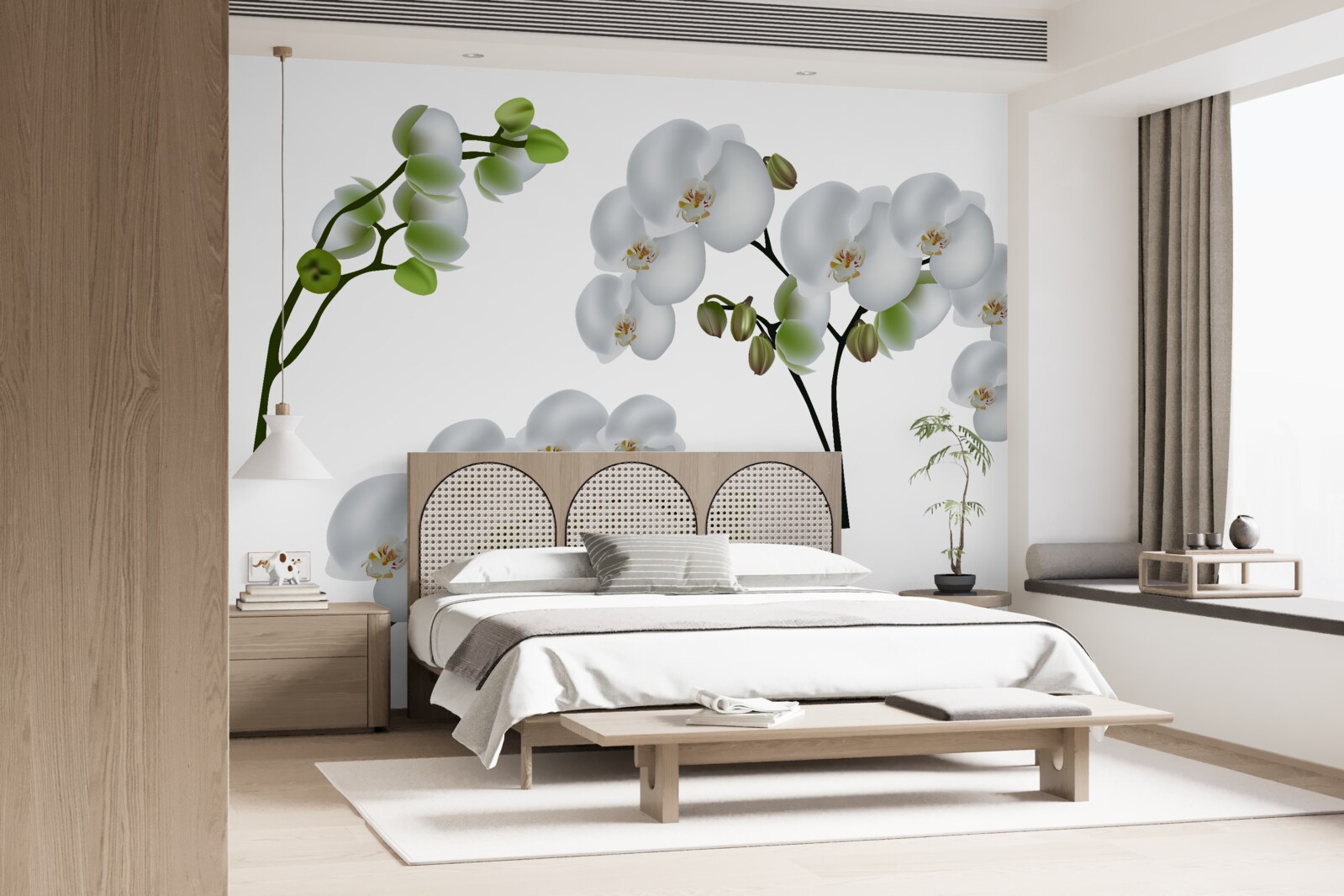Papier peint orchidée blanche à feuilles vertes