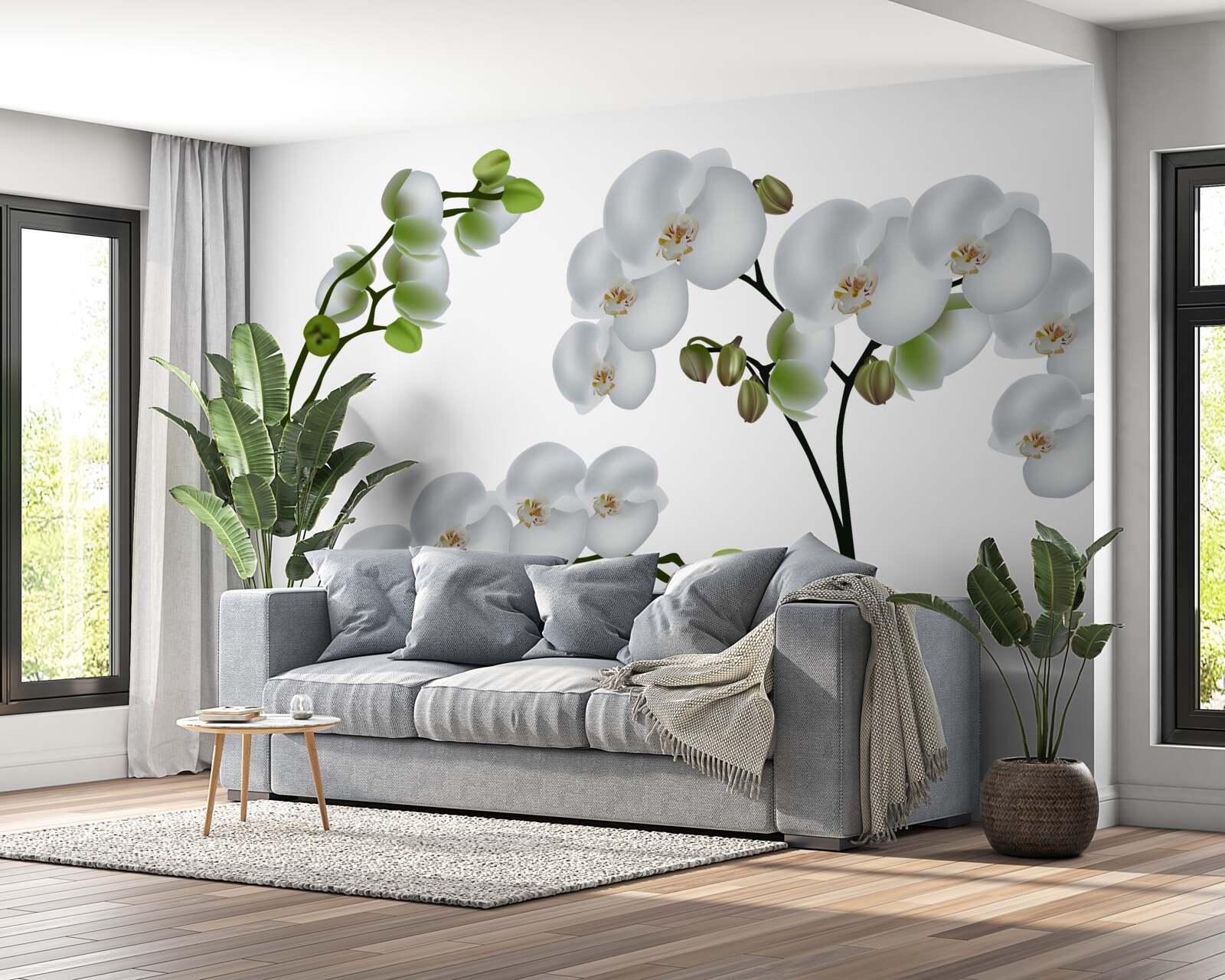 Papier peint orchidée blanche à feuilles vertes