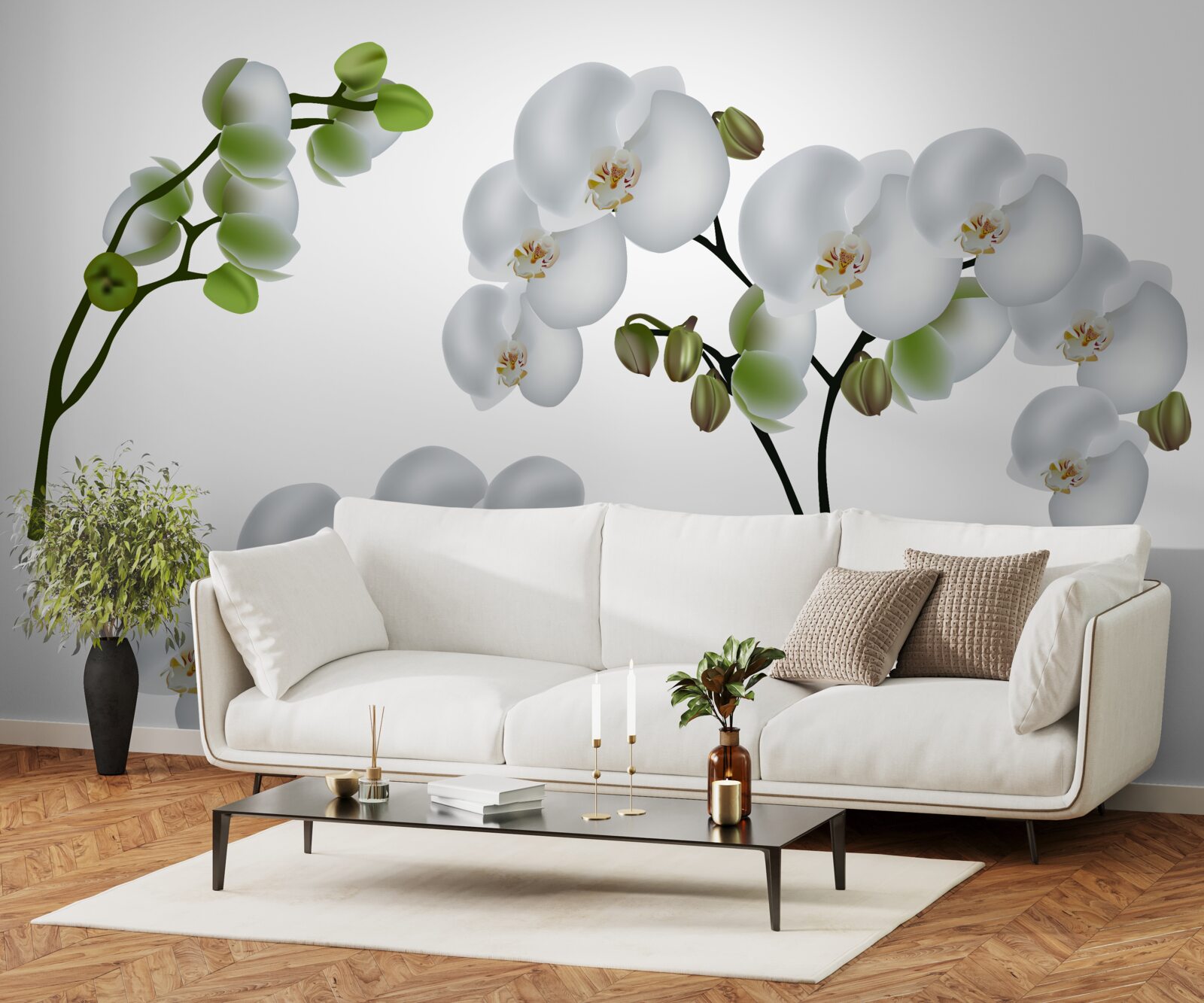 Papier peint orchidée blanche à feuilles vertes