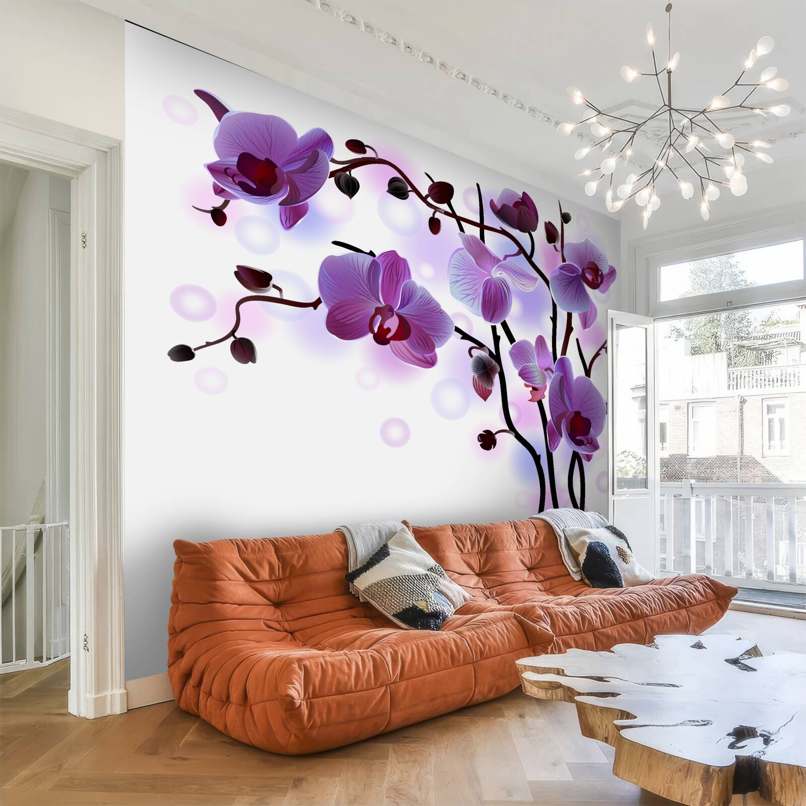 Papier peint branches d'orchidées pourpres