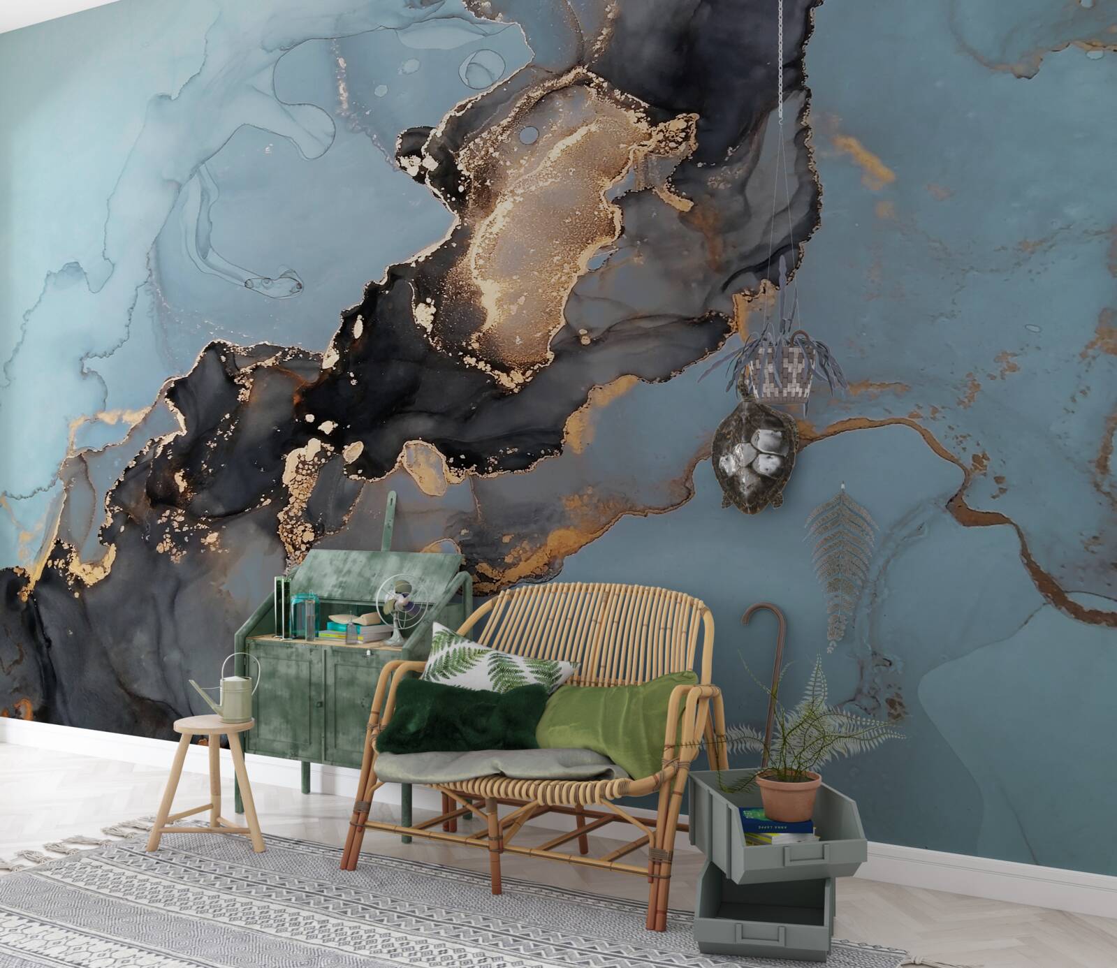 Papier peint motif sur marbre bleu