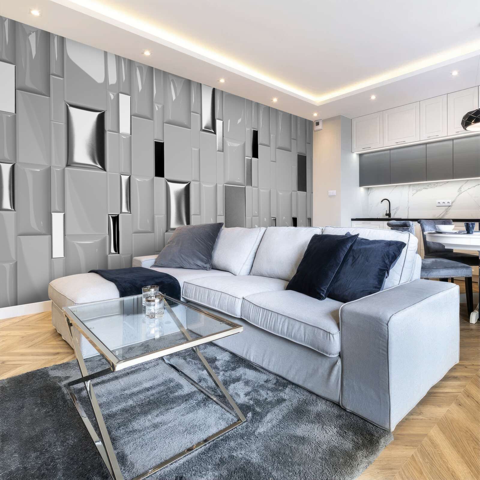Papier peint carreaux gris brillant avec des tons dorés