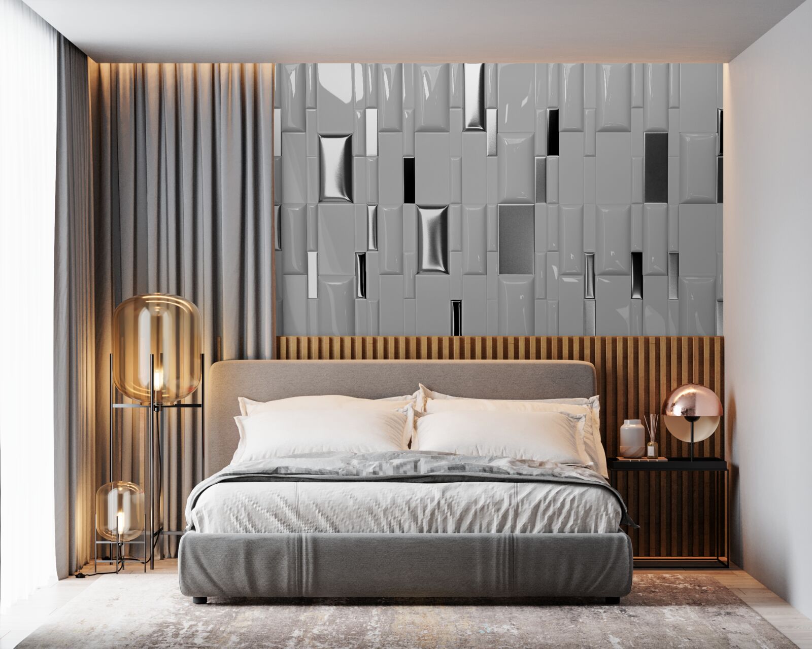 Papier peint carreaux gris brillant avec des tons dorés