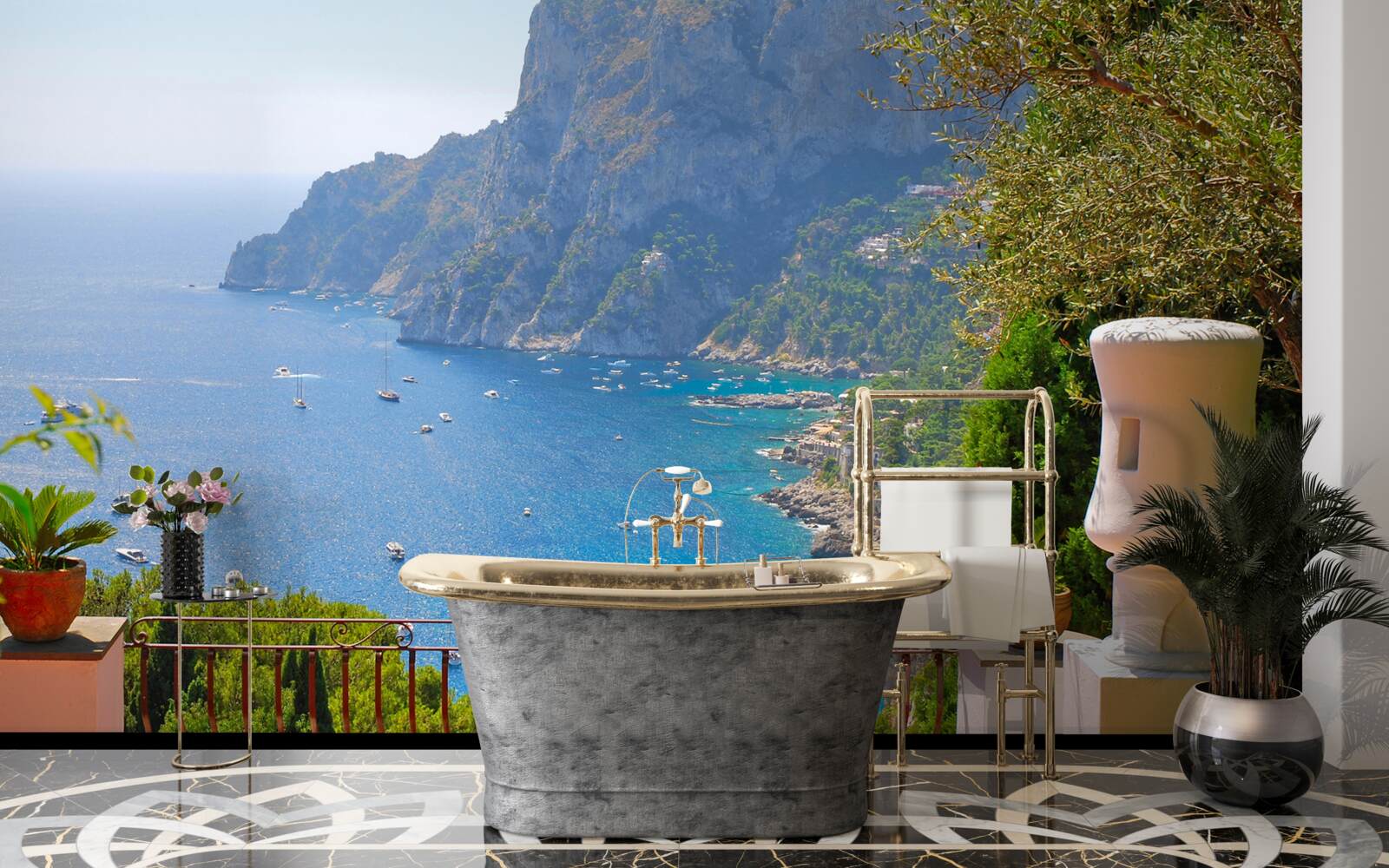 Papier peint terrasse avec vue sur les rochers et la mer
