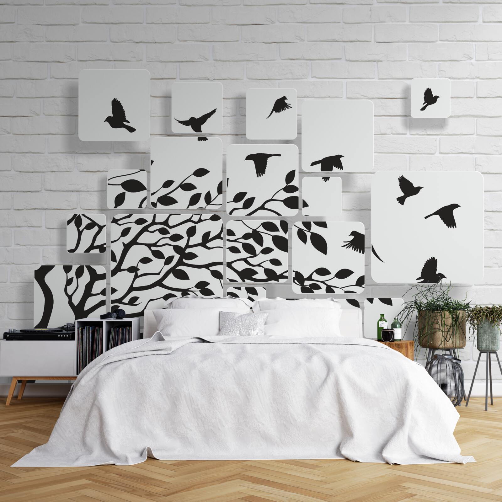 Papier peint avec le vent, les oiseaux quittent l'arbre
