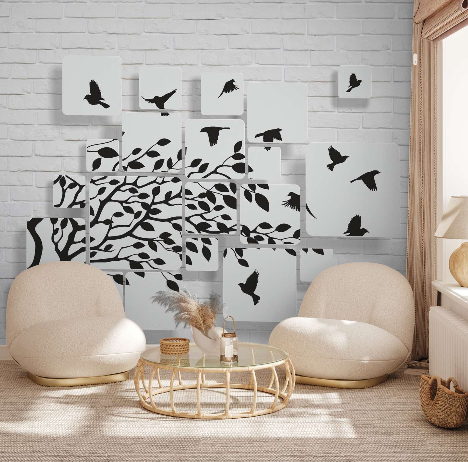Papier peint avec le vent, les oiseaux quittent l'arbre