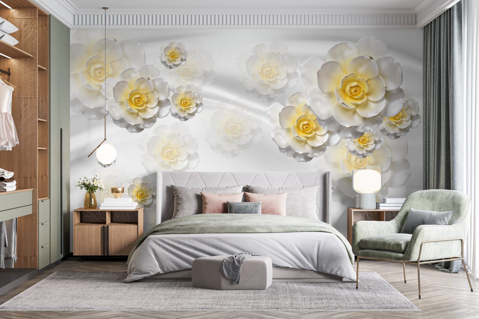 Papier peint pétales blancs avec centre jaune