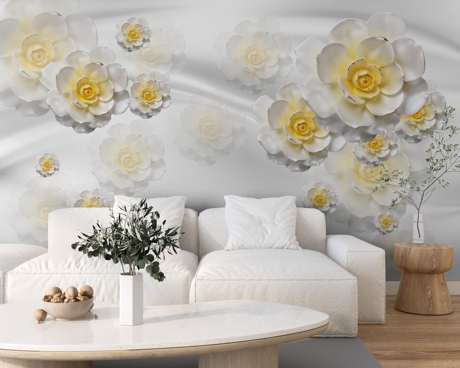 Papier peint pétales blancs avec centre jaune