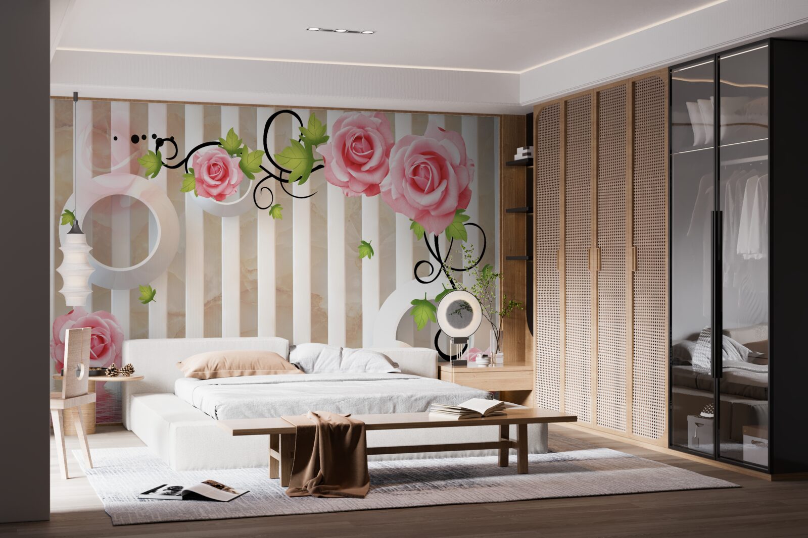 Papier peint rose aux pétales roses et aux feuilles vertes près de l'eau