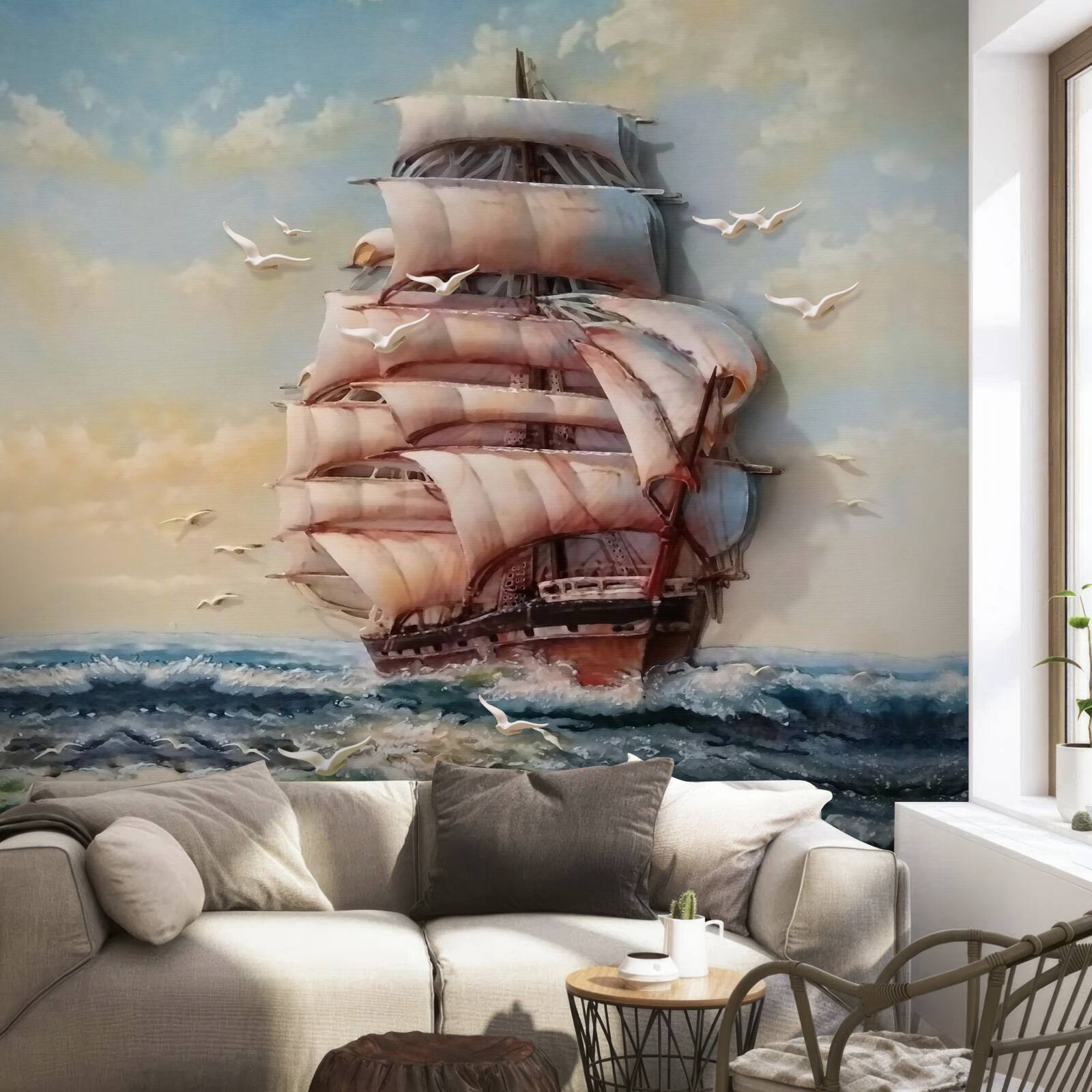 Papier peint navire avec des voiles pendant une tempête