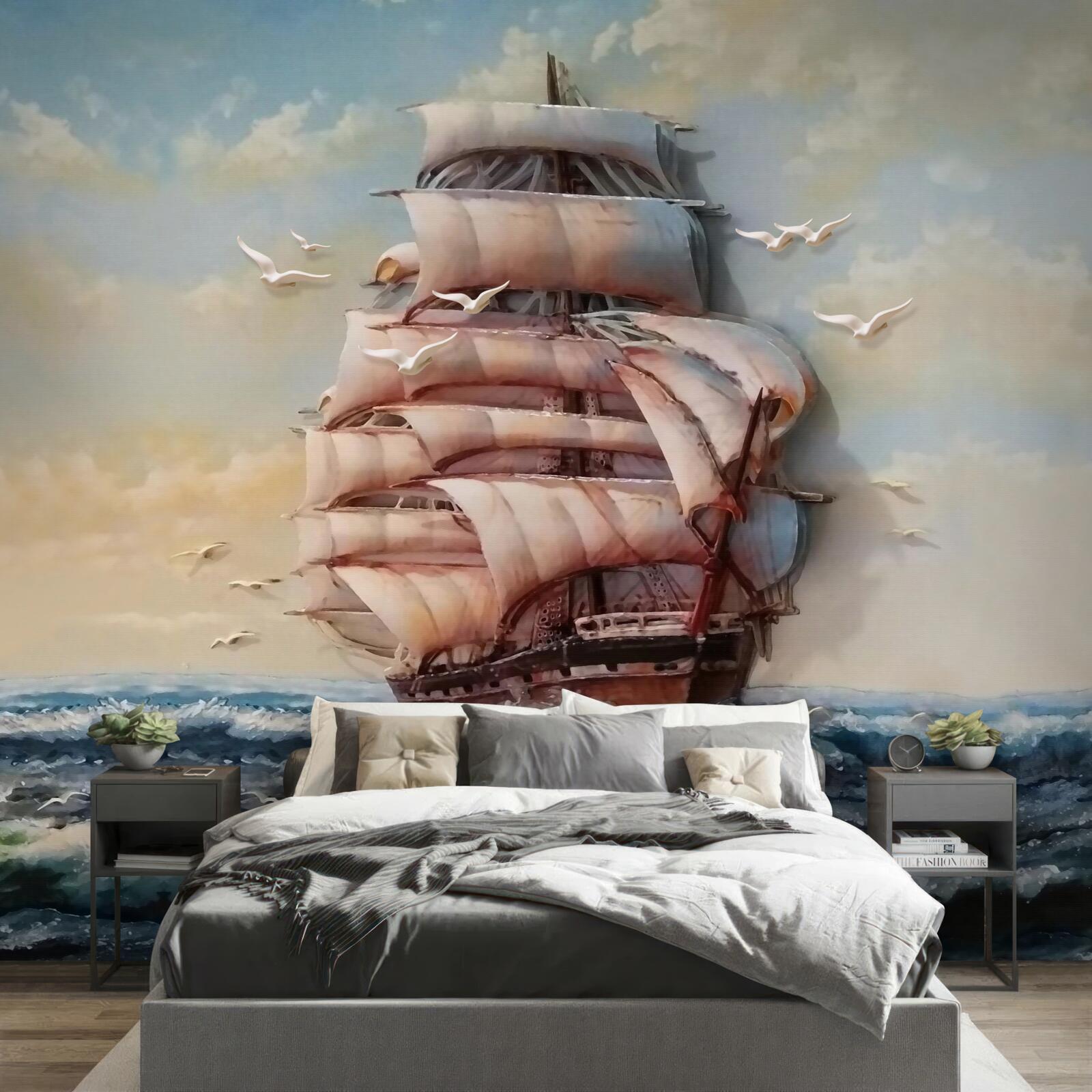 Papier peint navire avec des voiles pendant une tempête