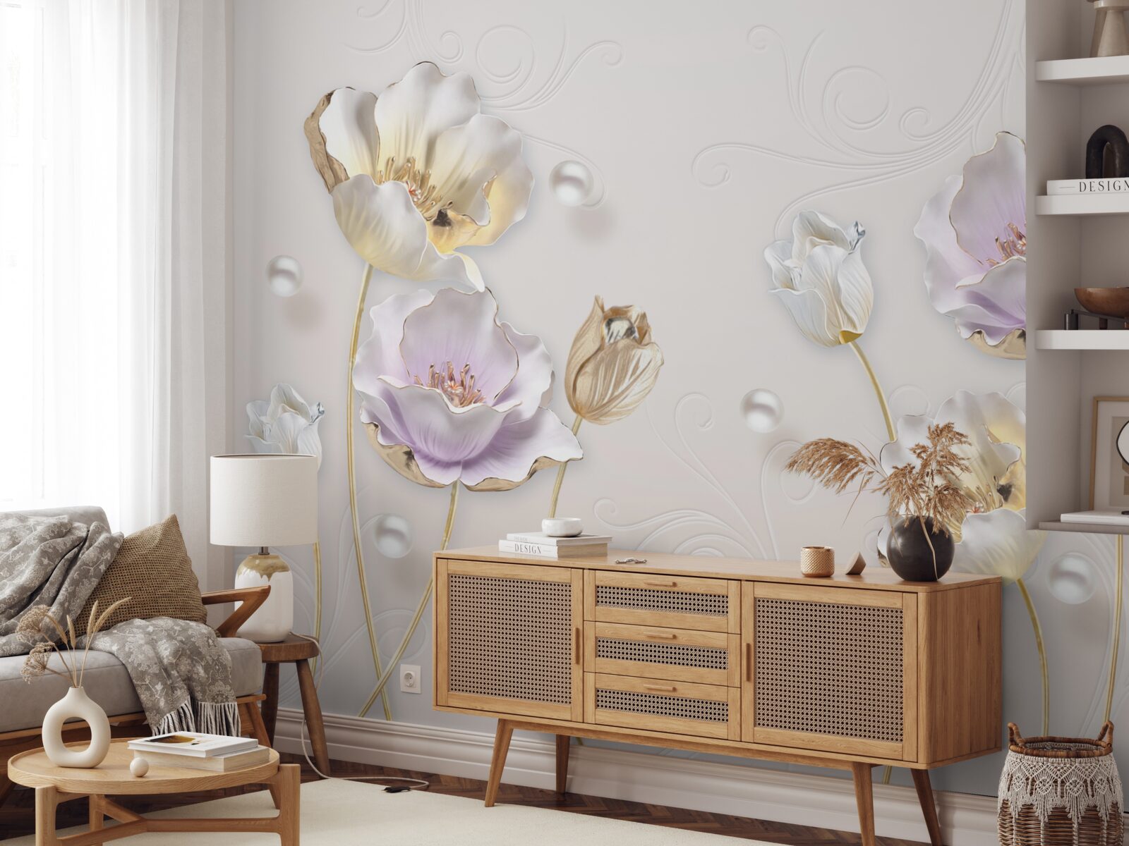 Papier peint des fleurs brillantes couvertes de grosses gouttes de pluie