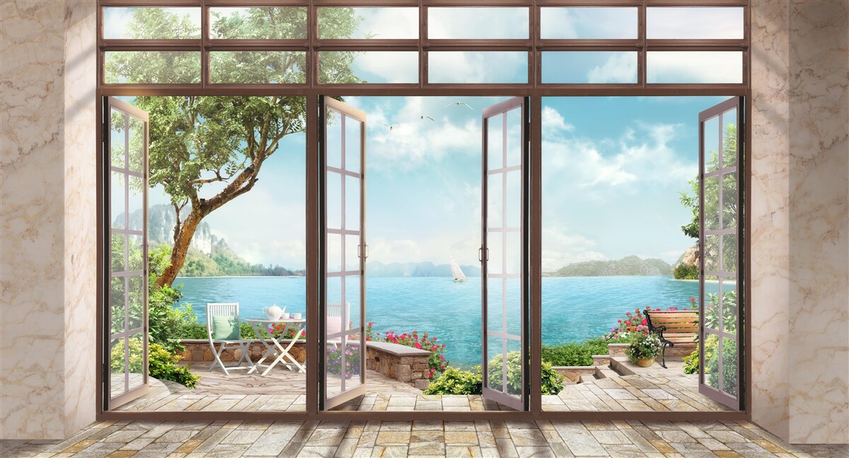 Papier peint balcon d'été avec vue sur la mer