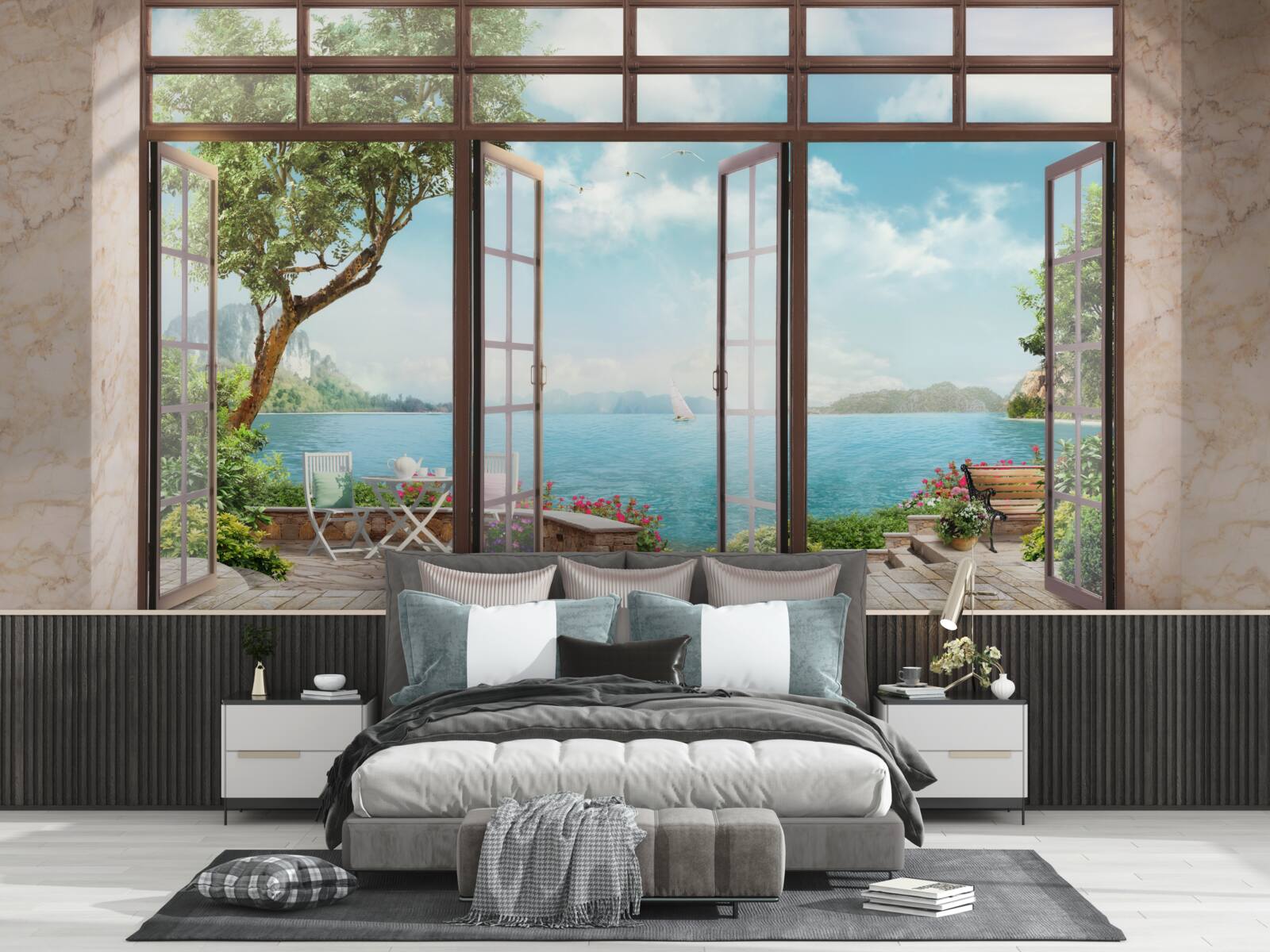 Papier peint balcon d'été avec vue sur la mer