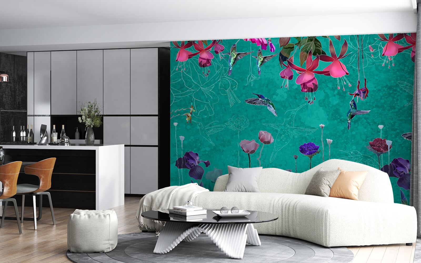 Papier peint dans le ciel nocturne, les tulipes deviennent roses et les pissenlits scintillent