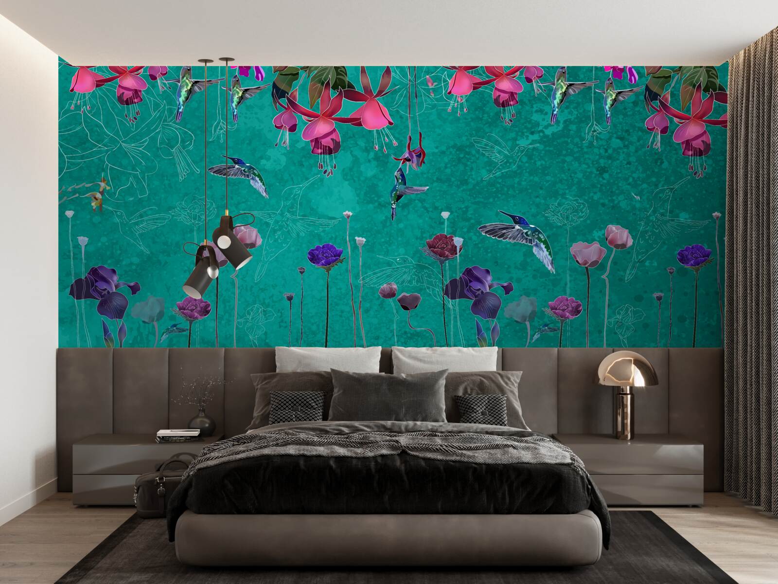 Papier peint dans le ciel nocturne, les tulipes deviennent roses et les pissenlits scintillent
