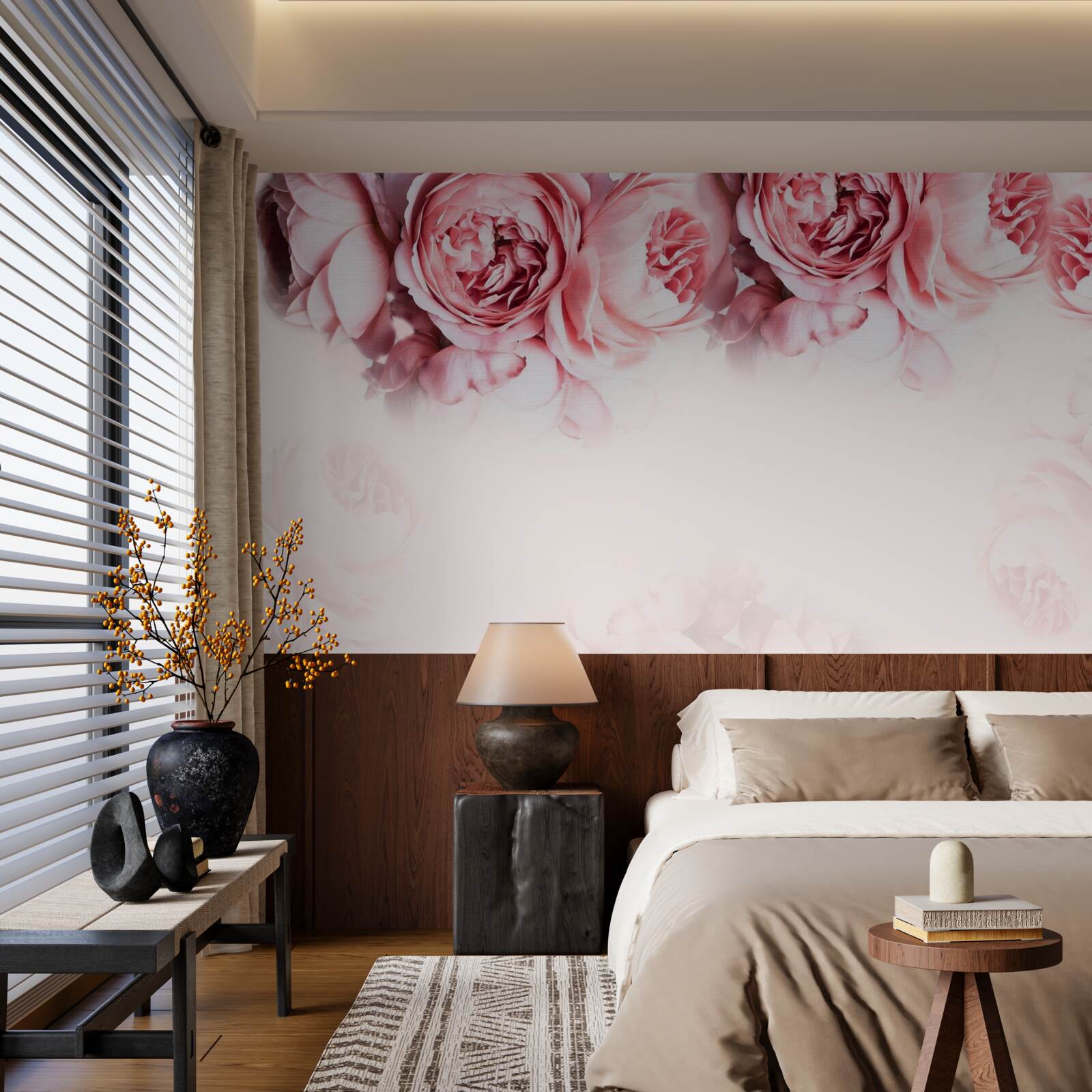 Papier peint pivoines roses et blanches sur fond clair