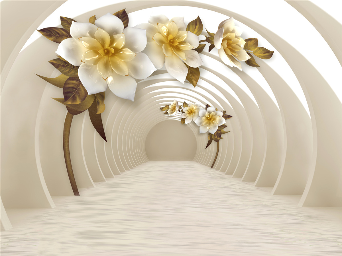 Papier peint tunnel incurvé disparaissant dans le lointain et lotus blancs comme neige