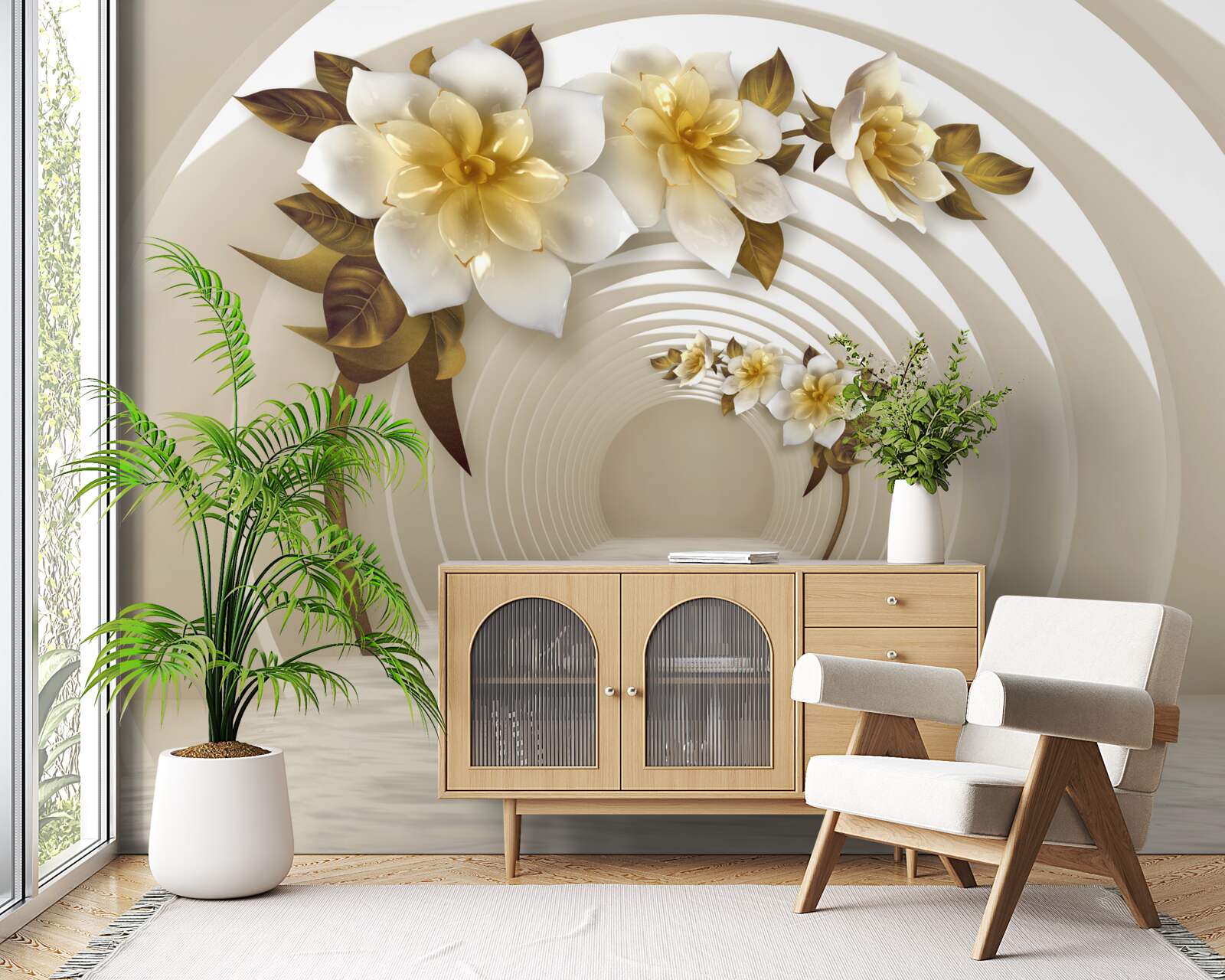 Papier peint tunnel incurvé disparaissant dans le lointain et lotus blancs comme neige