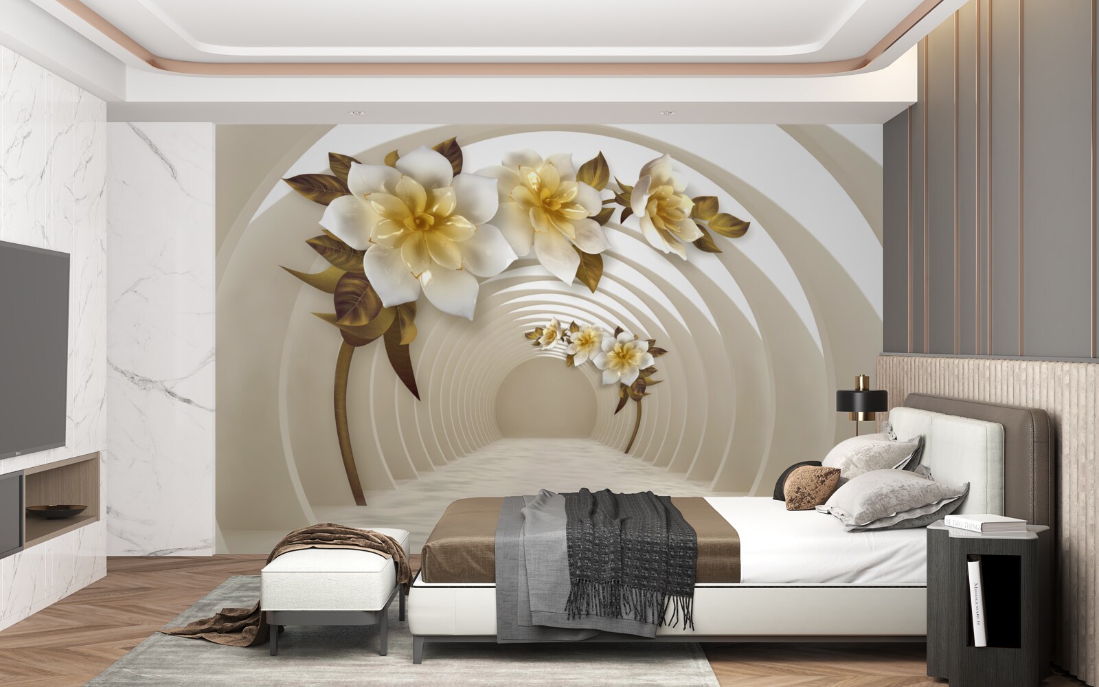 Papier peint tunnel incurvé disparaissant dans le lointain et lotus blancs comme neige