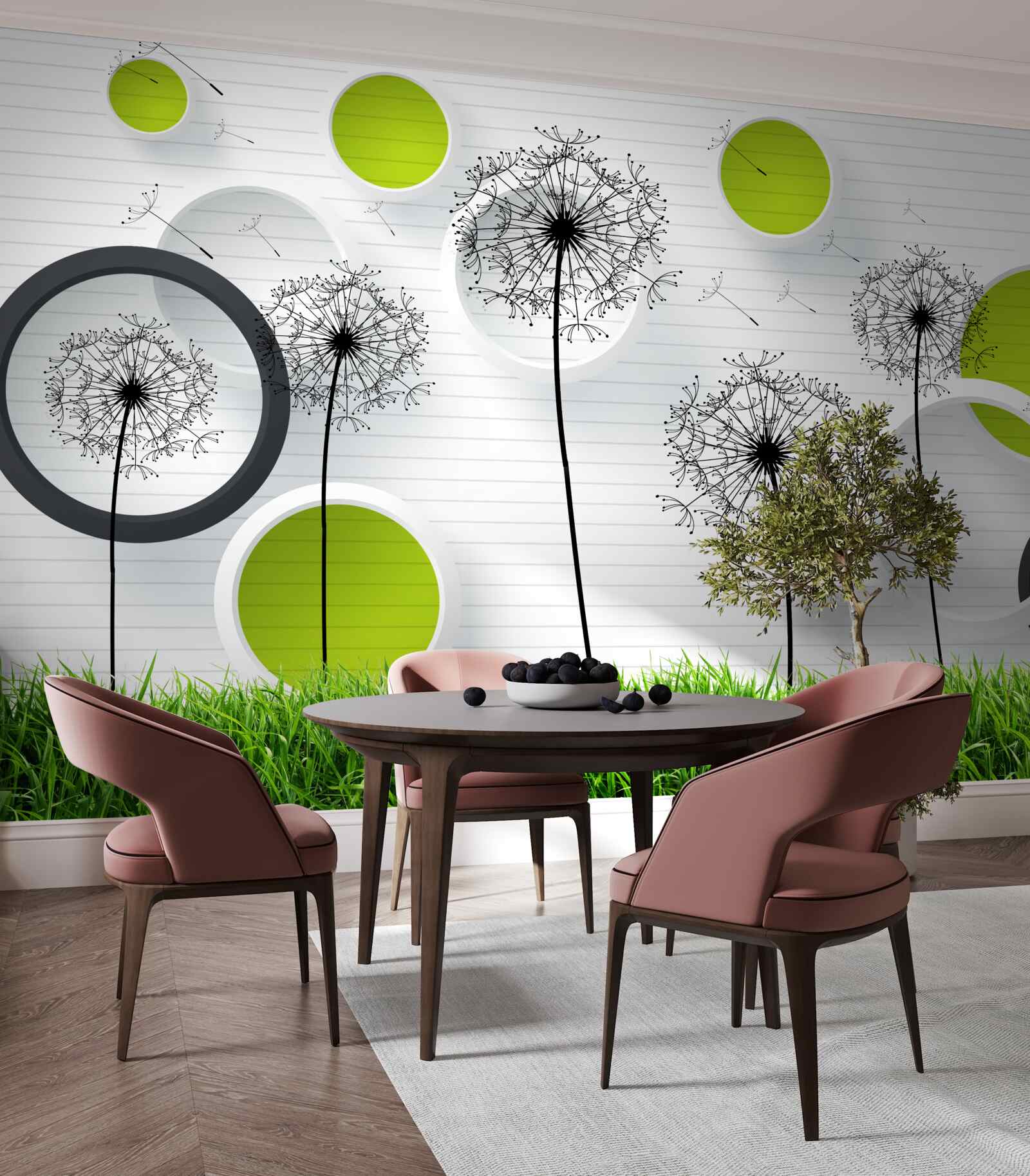 Papier peint l'asclépiade et les cercles verts sur la pelouse