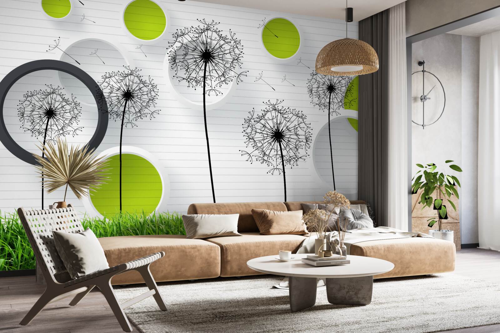 Papier peint l'asclépiade et les cercles verts sur la pelouse