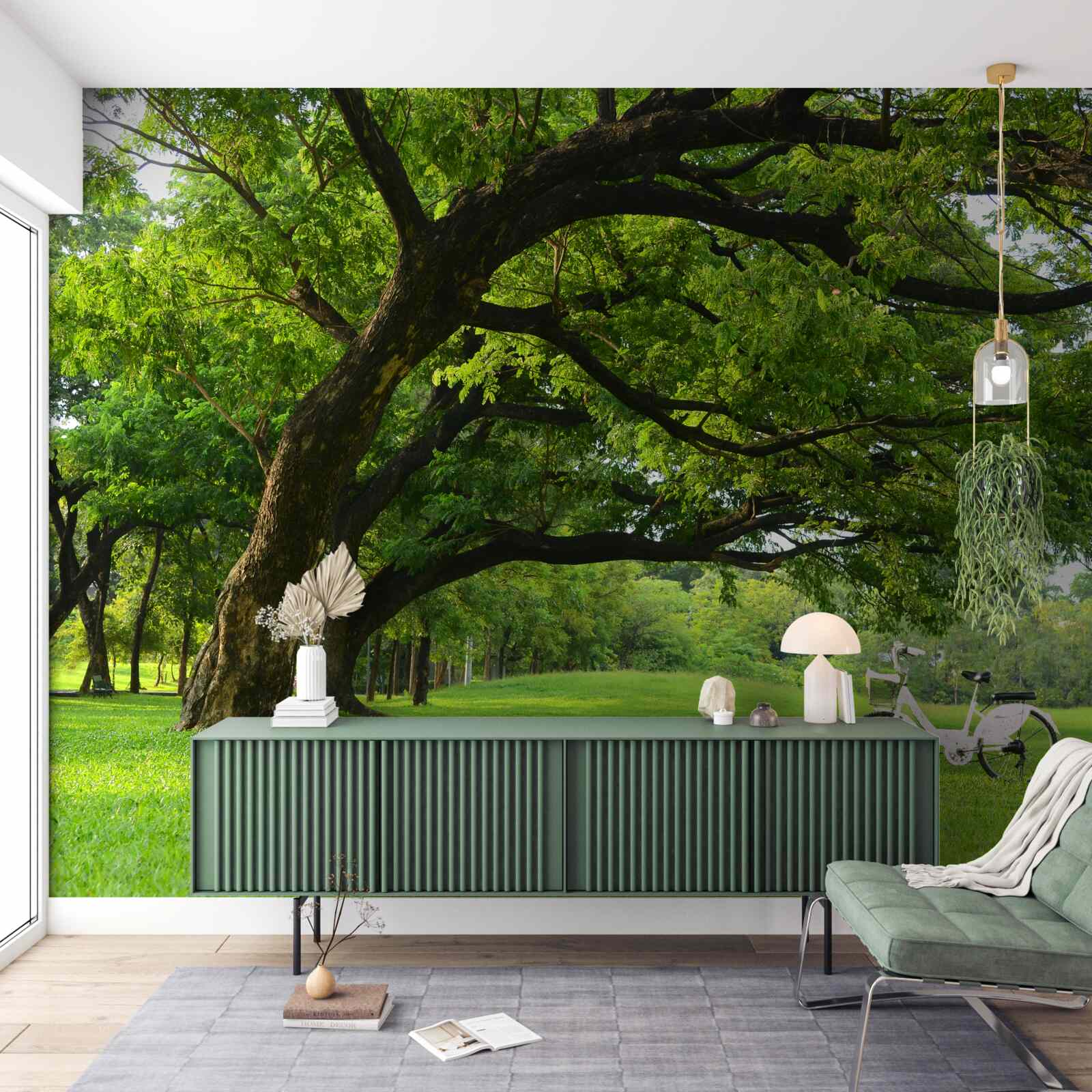 Papier peint prairie avec de l'herbe verte et des arbres centenaires