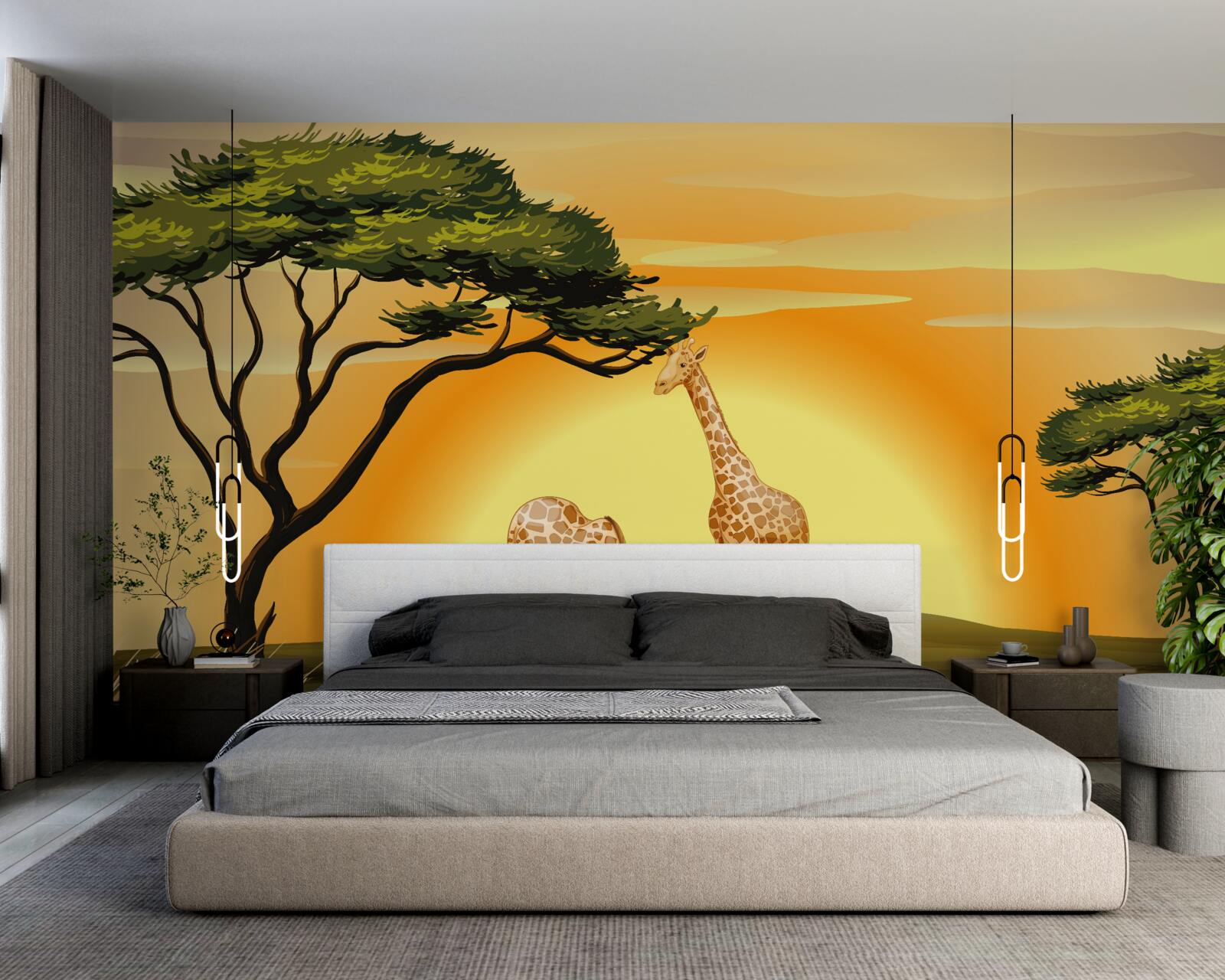 Papier peint girafes sur fond de coucher de soleil dans le désert