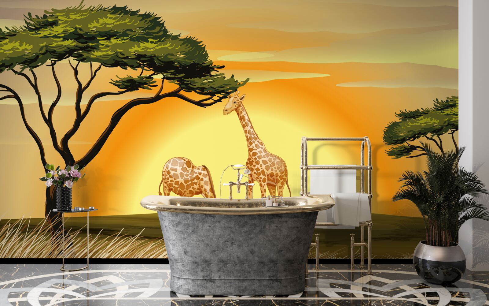 Papier peint girafes sur fond de coucher de soleil dans le désert