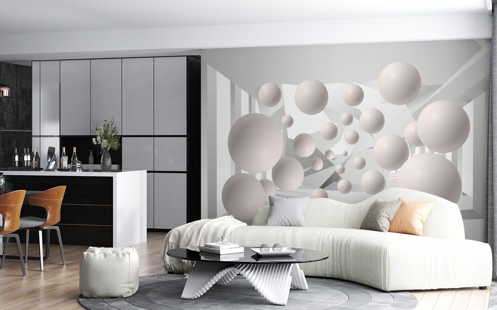 Papier peint boules légères et aérées de couleur crème