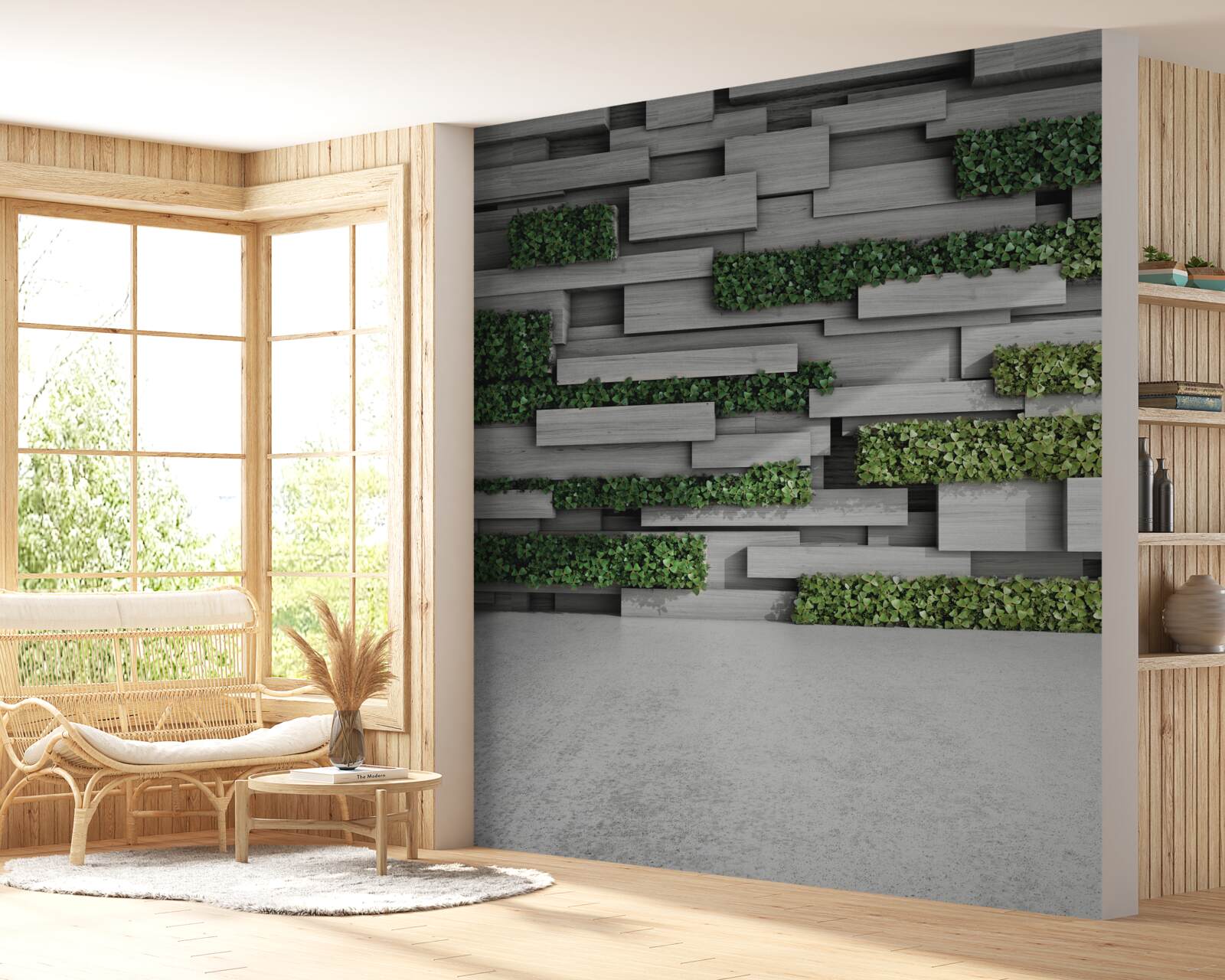 Papier peint mur en pierre décoré de plantes vertes