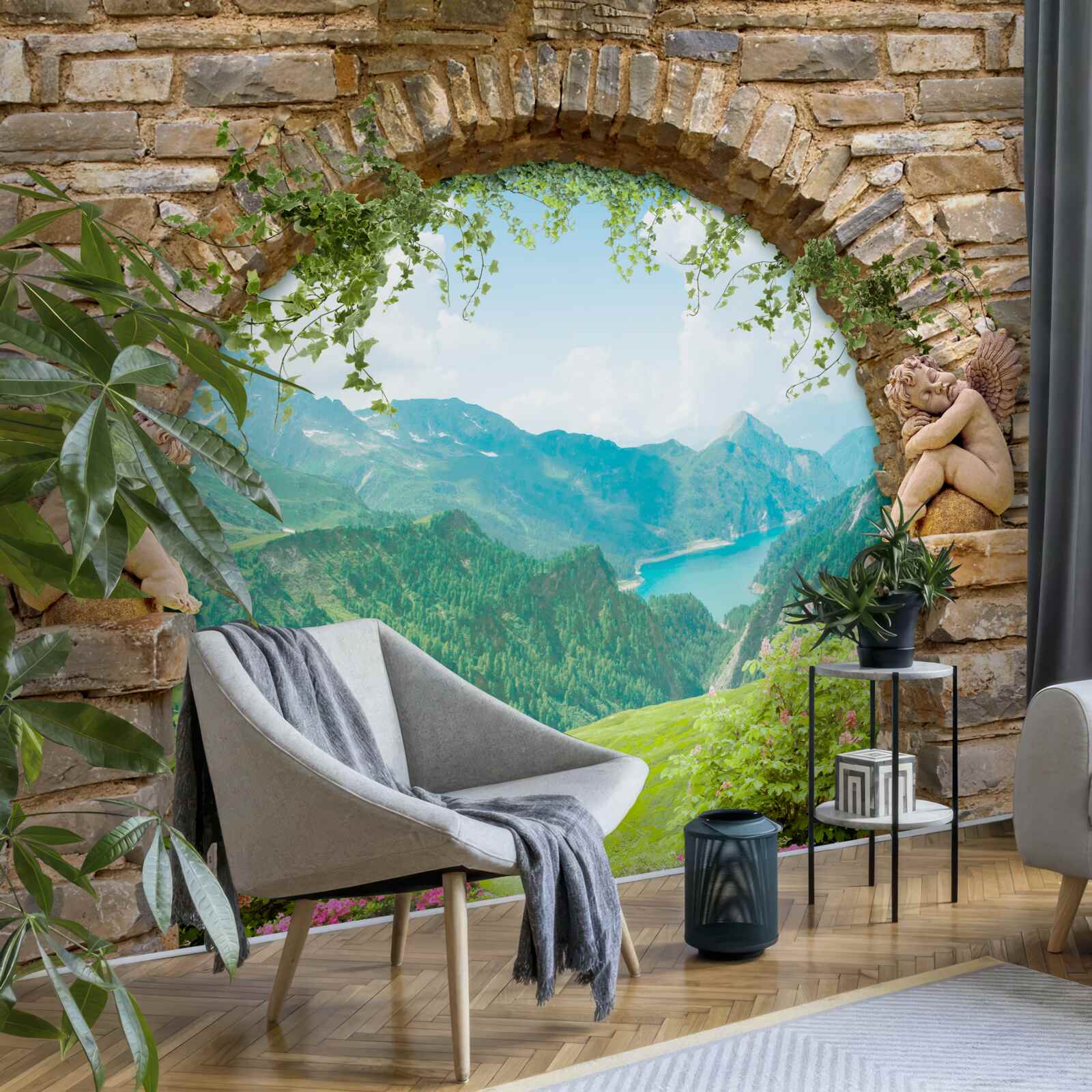 Papier peint Vieille arche de pierre avec image d'anges et panorama de montagnes