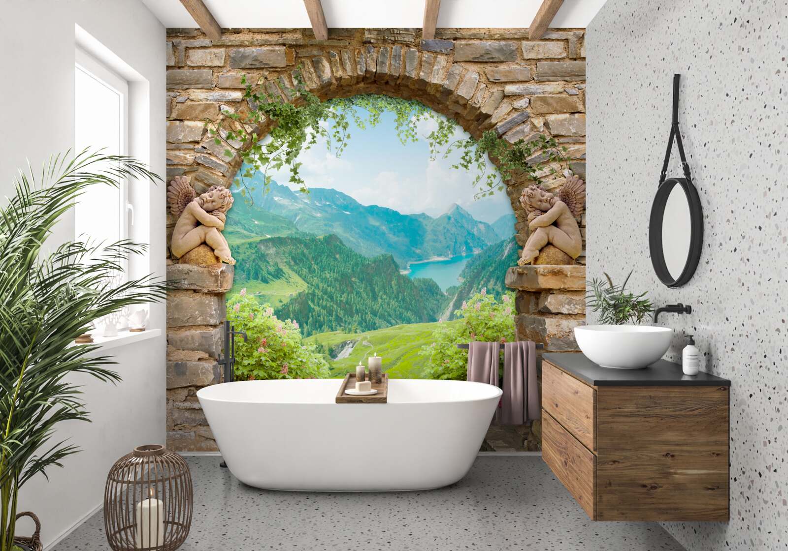 Papier peint Vieille arche de pierre avec image d'anges et panorama de montagnes